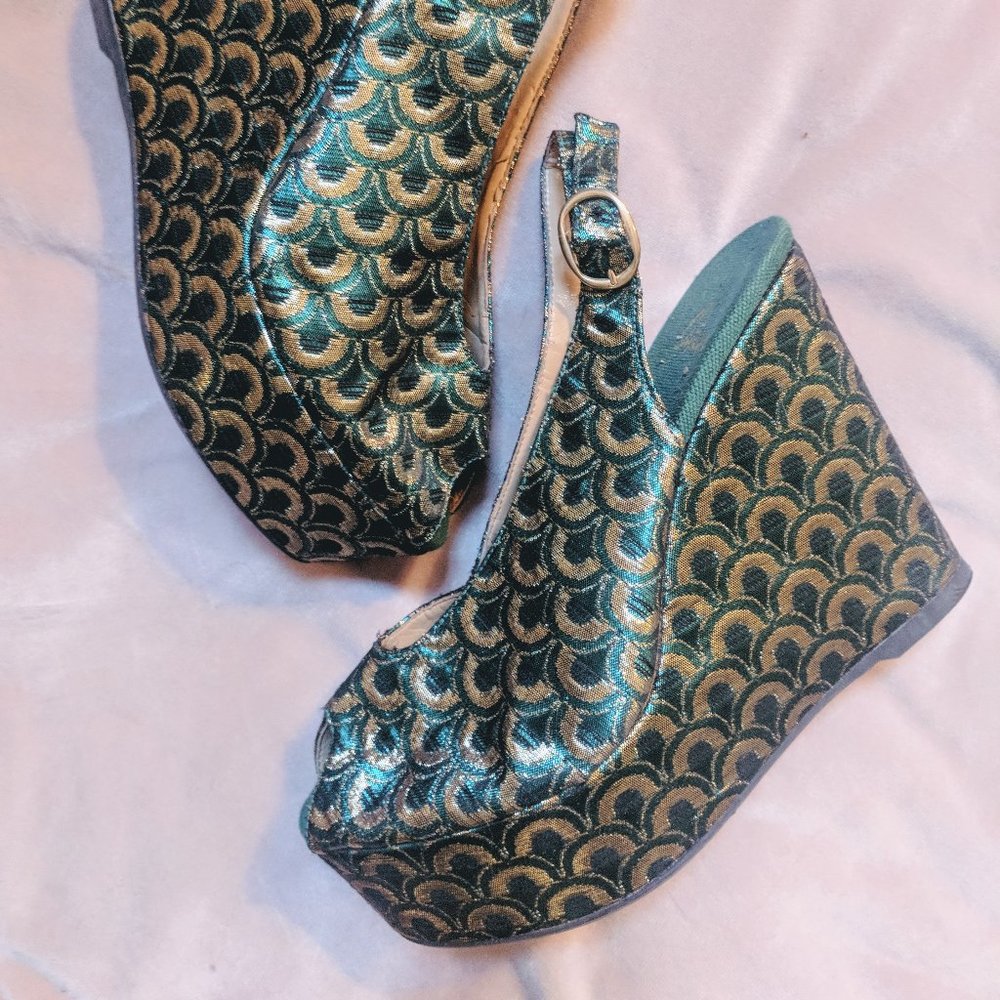 Metallic Jacquard Platform Peep-Toe Wedges